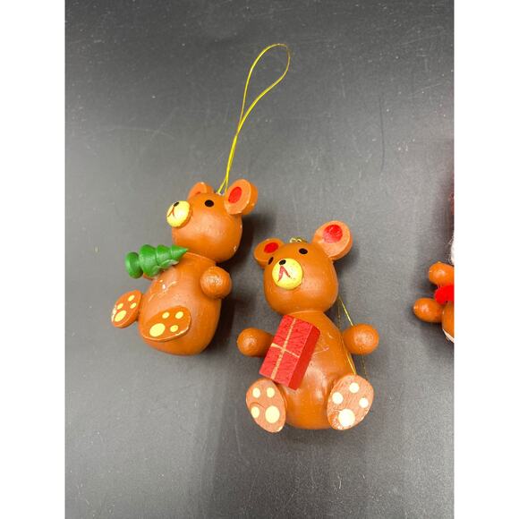 Lot of 4 Vintage Hand Painted Wooden Noel Teddy Bear Christmas Ornaments - Picture 2 of 3